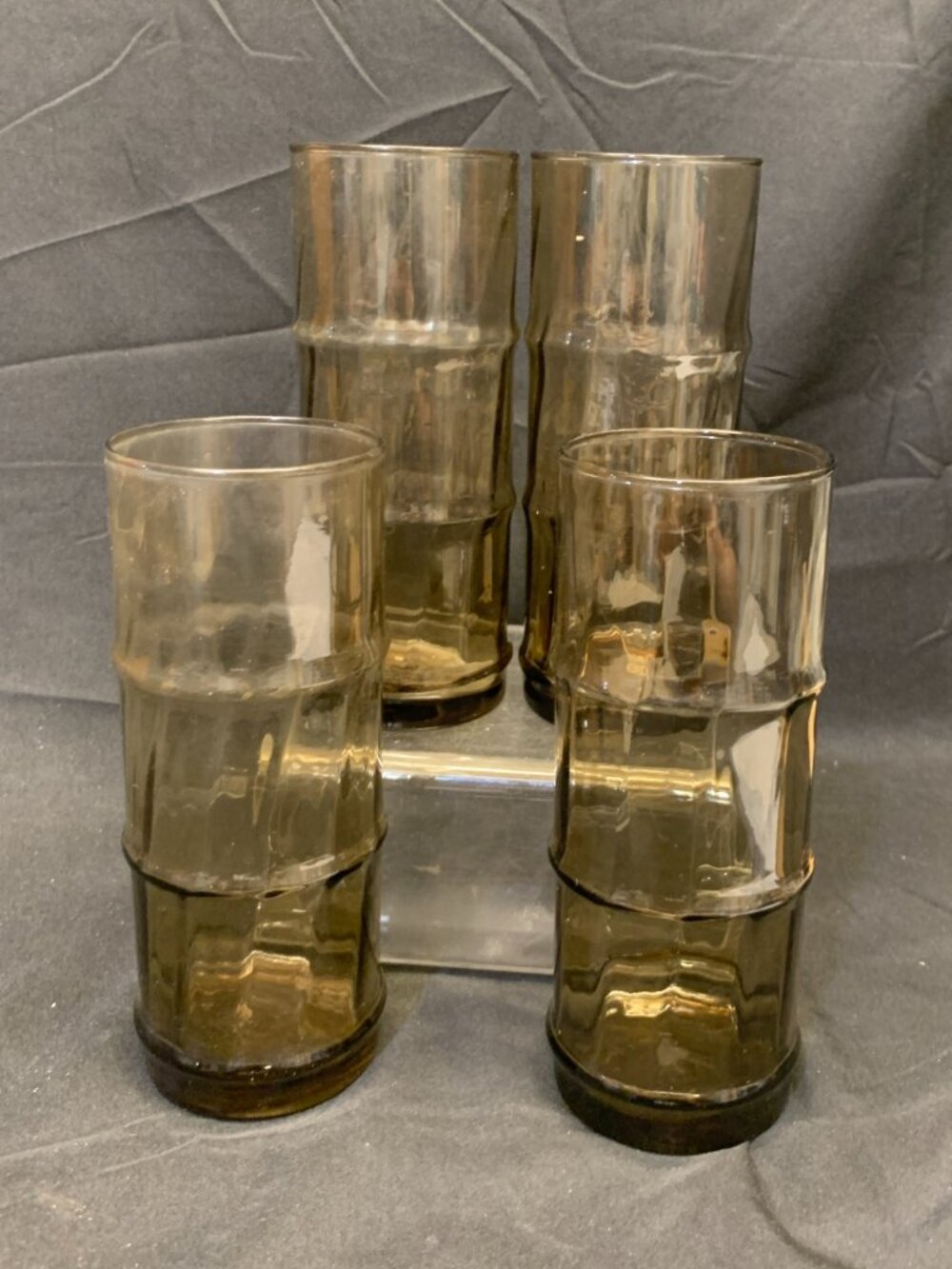 Vtg 1970's Set of 4 brown bamboo-style Bash Tiki Highball drinking glasses.